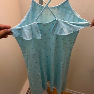 Long sky blue dress with small silver palm trees.